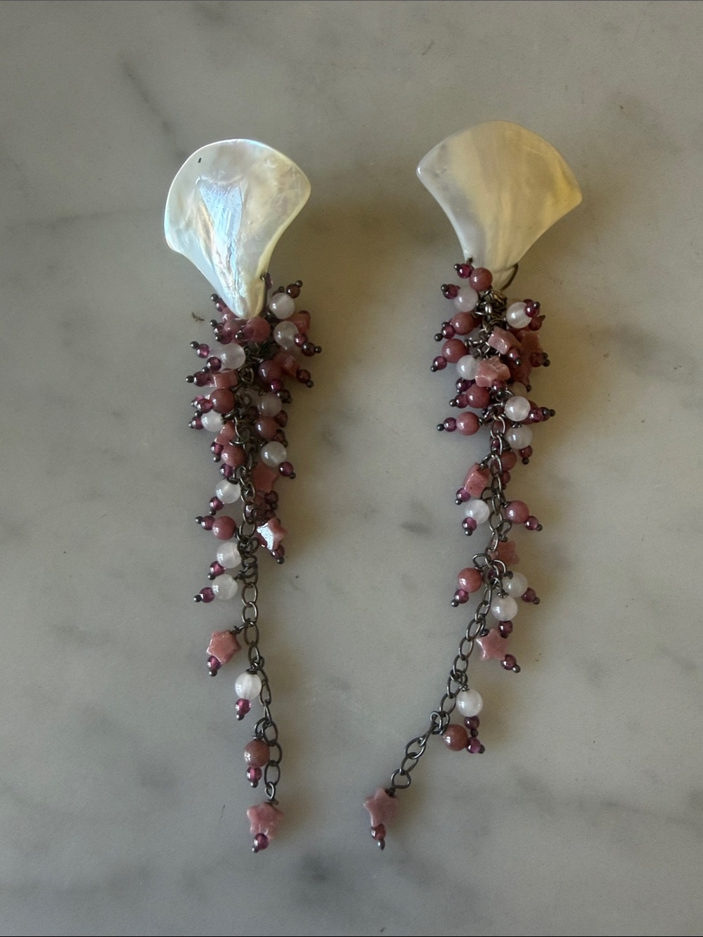 Mother of Pearl Teardrop Dangle Long Earrings with Bead Fringe in Pink White